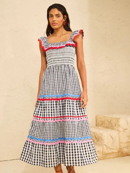 Black Gingham Smocked Ric Rac Ruffle Trim Midi Dress